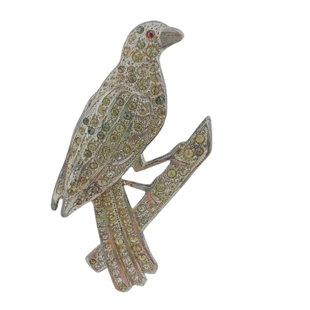 Vintage Silver Tone Rhinestone Crow Bird Branch Brooch